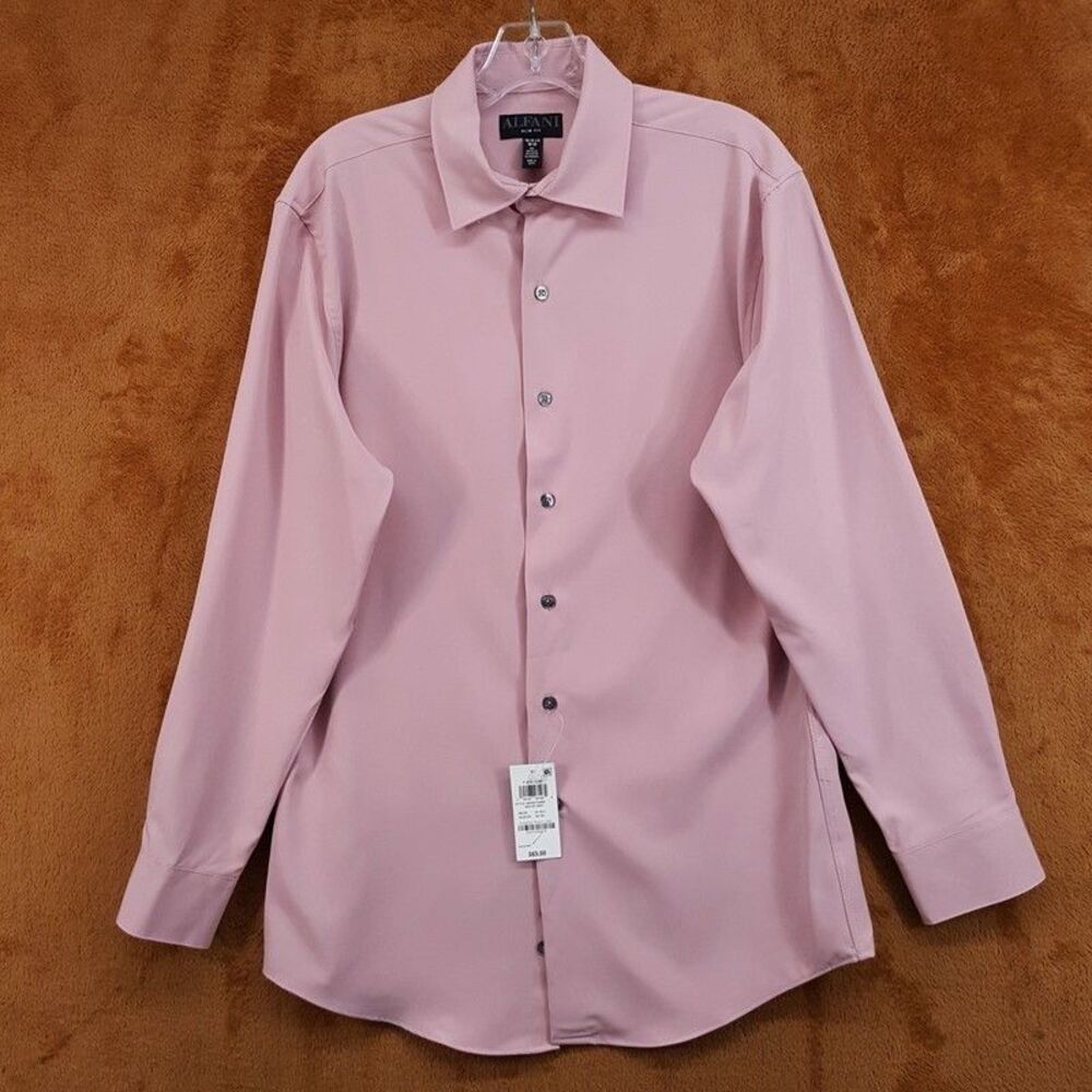 ALFANI Dress Shirt Mens Size 15 15.5 32 33 Solid Pink Slim Fit Stretch